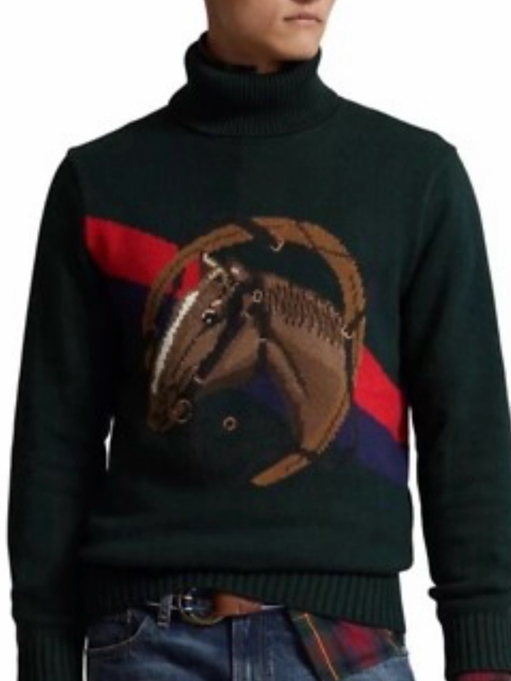 Polo by Ralph Lauren Dark Green Turtleneck Sweater with Horse Motif